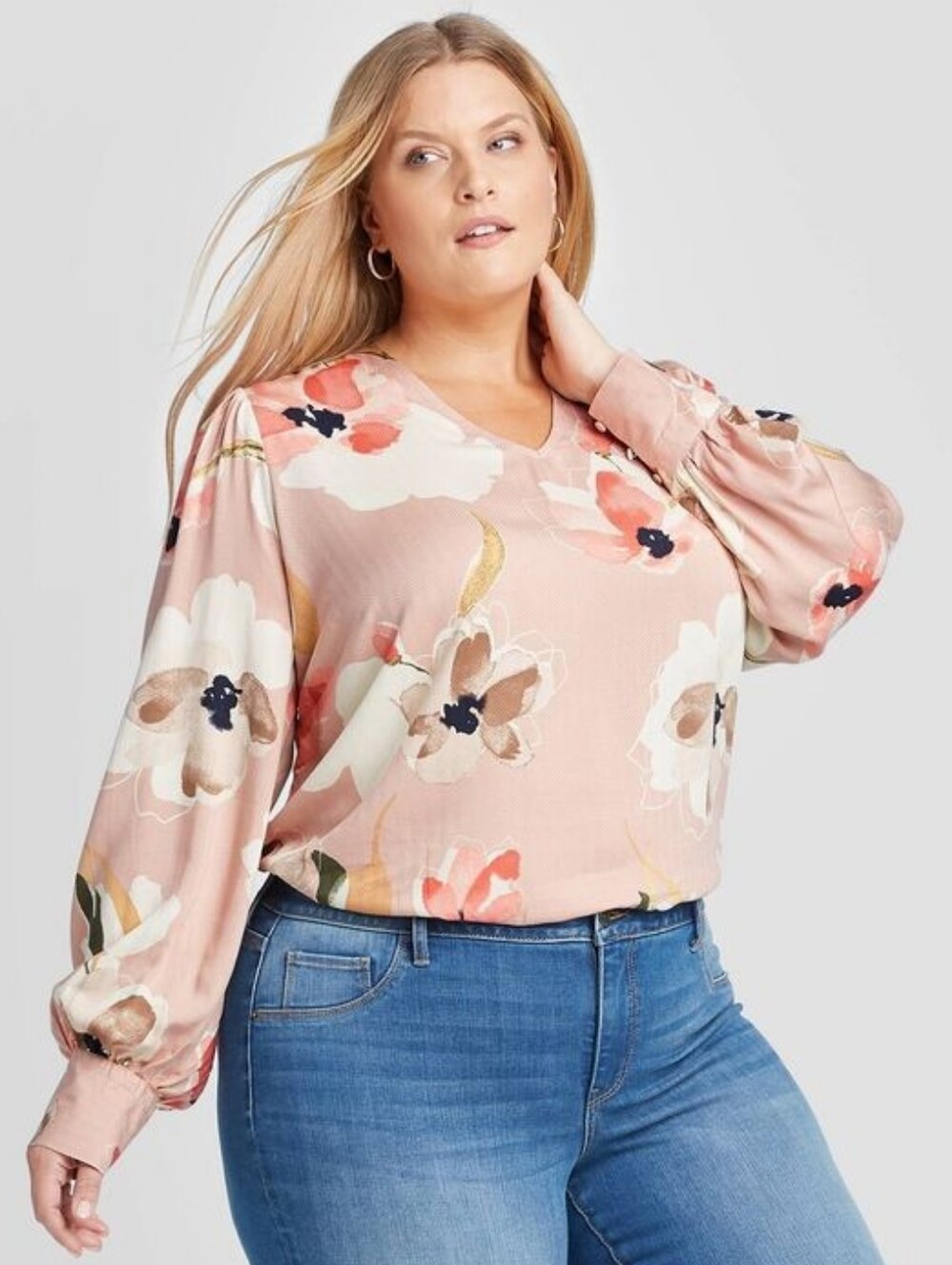 Ava & Viv Blush Floral V-Neck Long Sleeve Top - Picture 1 of 4